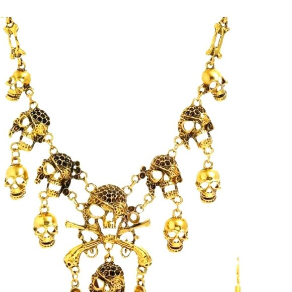 Ornate Gold Skull Alloy Jewel Necklace with Gothic Design - New - Picture 4 of 4